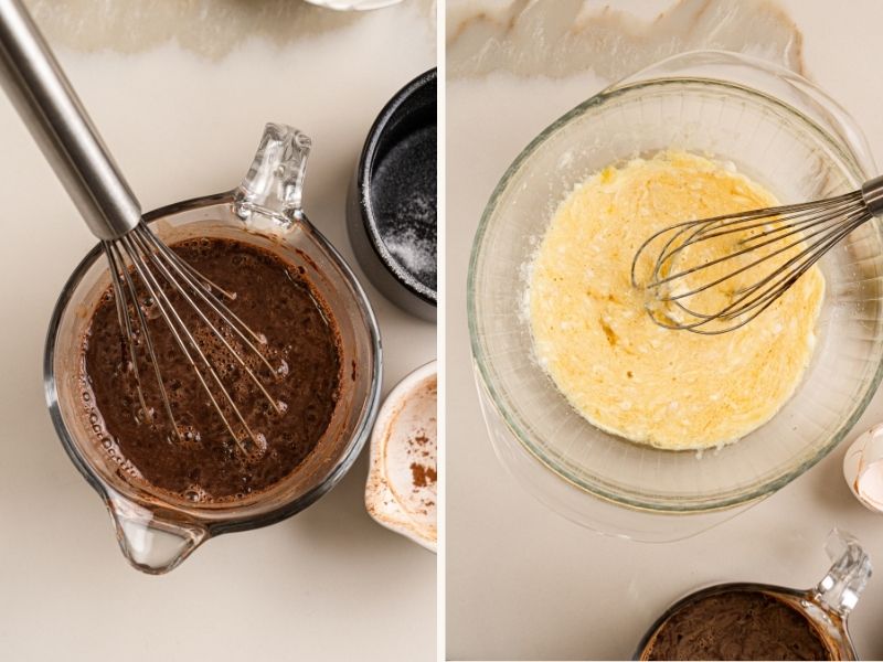 Step-by-step process of making healthy chocolate cake: mixing unsweetened cocoa with hot milk and whisking wet ingredients like yogurt and eggs