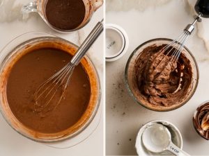 Preparing the chocolate cake batter and whipping up healthy chocolate frosting with Greek yogurt and melted dark chocolate