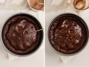 Moistening the baked low calorie chocolate cake by poking holes and pouring cocoa mixture for extra rich chocolate flavor.