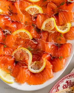 Close-up of silky cured salmon slices from an easy homemade gravlax recipe