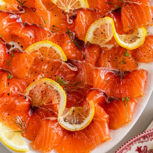 Close-up of silky cured salmon slices from an easy homemade gravlax recipe