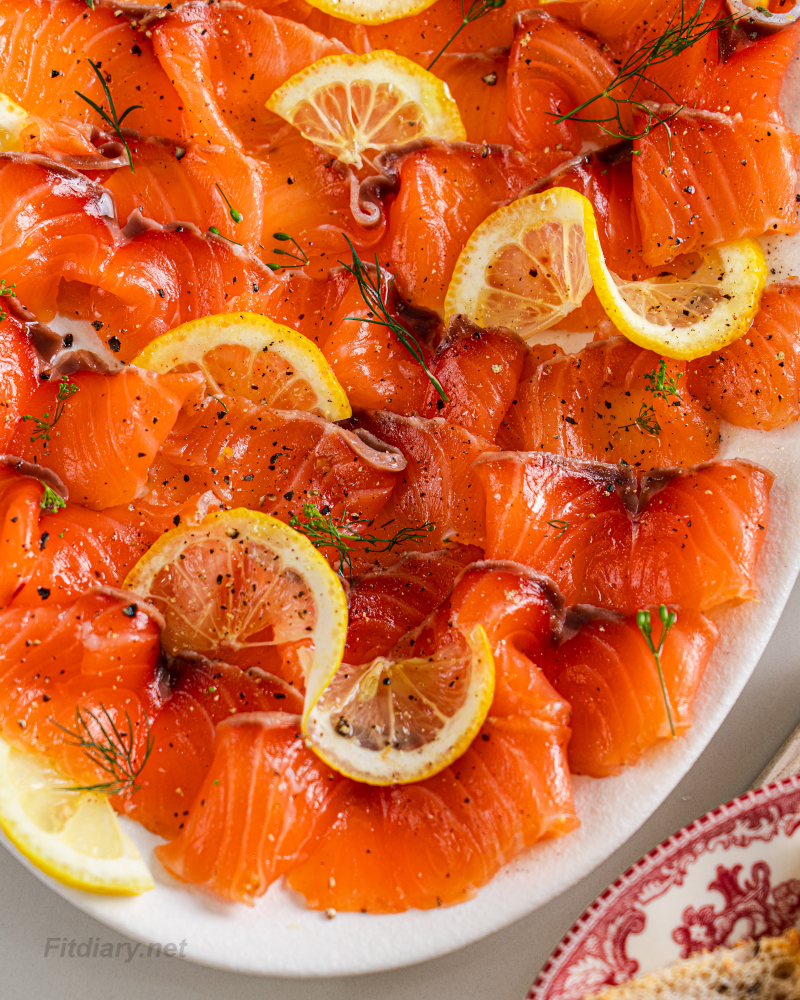 Close-up of silky cured salmon slices from an easy homemade gravlax recipe