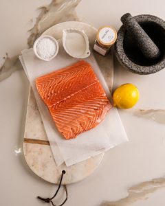 Ingredients for healthy high-protein cured salmon recipe