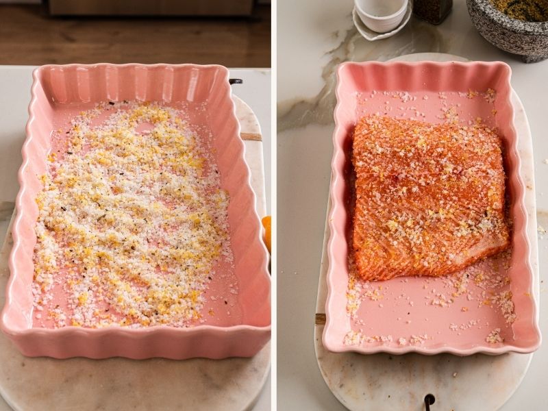Healthy salmon being cured for 36 hours for homemade gravlax recipe