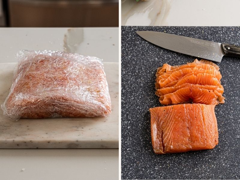 Healthy salmon being cured for 36 hours for homemade gravlax recipe