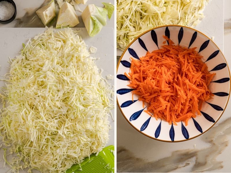 Shredded green cabbage and grated carrot in a bowl prepared for homemade sauerkraut fermentation