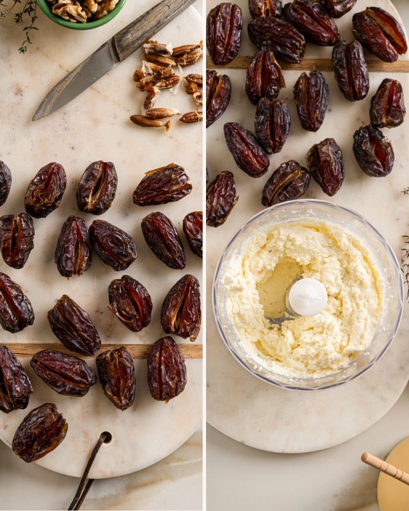 Sliced Medjool dates with pits removed, ready for stuffing with cheese filling. Creamy light ricotta and feta cheese mixture prepared for stuffing dates