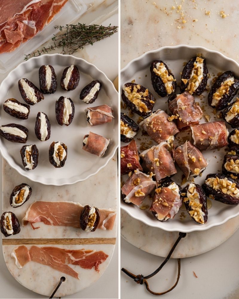 Healthy cheese stuffed dates being filled with ricotta and feta mixture. Stuffed dates topped with walnuts and wrapped in prosciutto before baking.